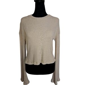Anemos Beige Ribbed Bell Sleeve Boxy Cropped Sweater Top Size XS NEW